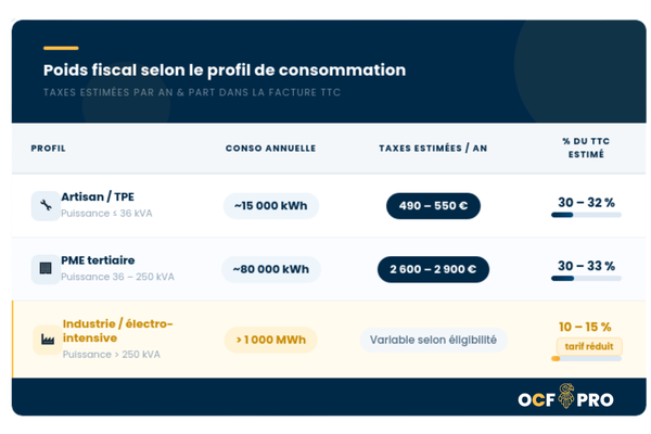 Tableau représentant les taxes sur l'électricité par profil d'entreprises